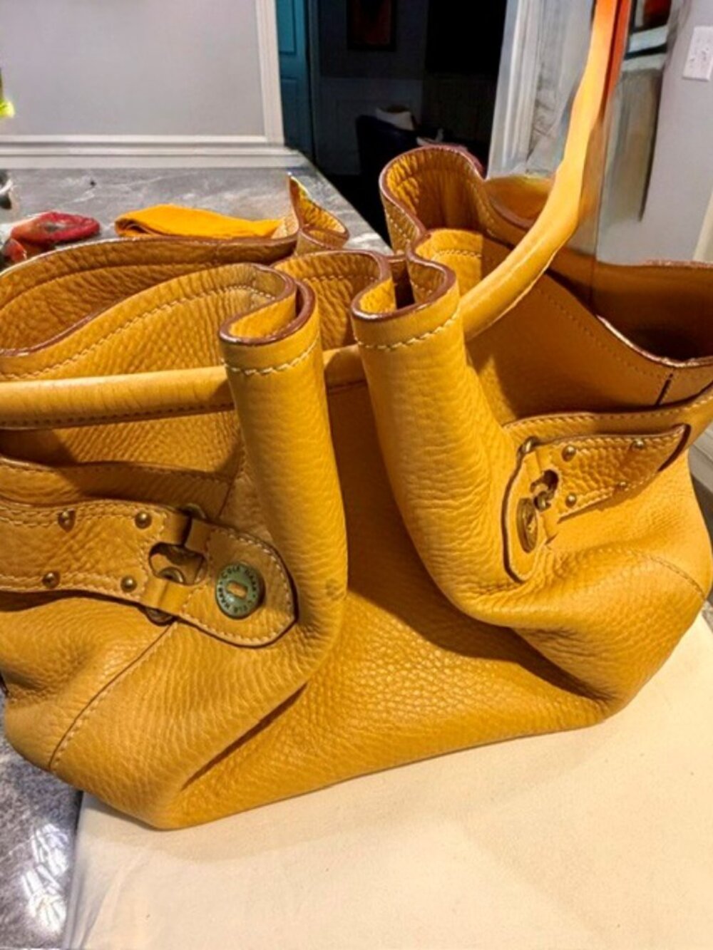 Cole Haan Village Classics pebbled leather tote satchel handbag in a mustard ye